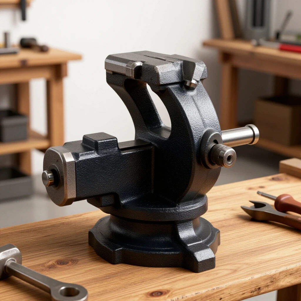 A heavy-duty cast steel bench vise in a well-lit workshop, surrounded by shiny tools and wooden workbenches.