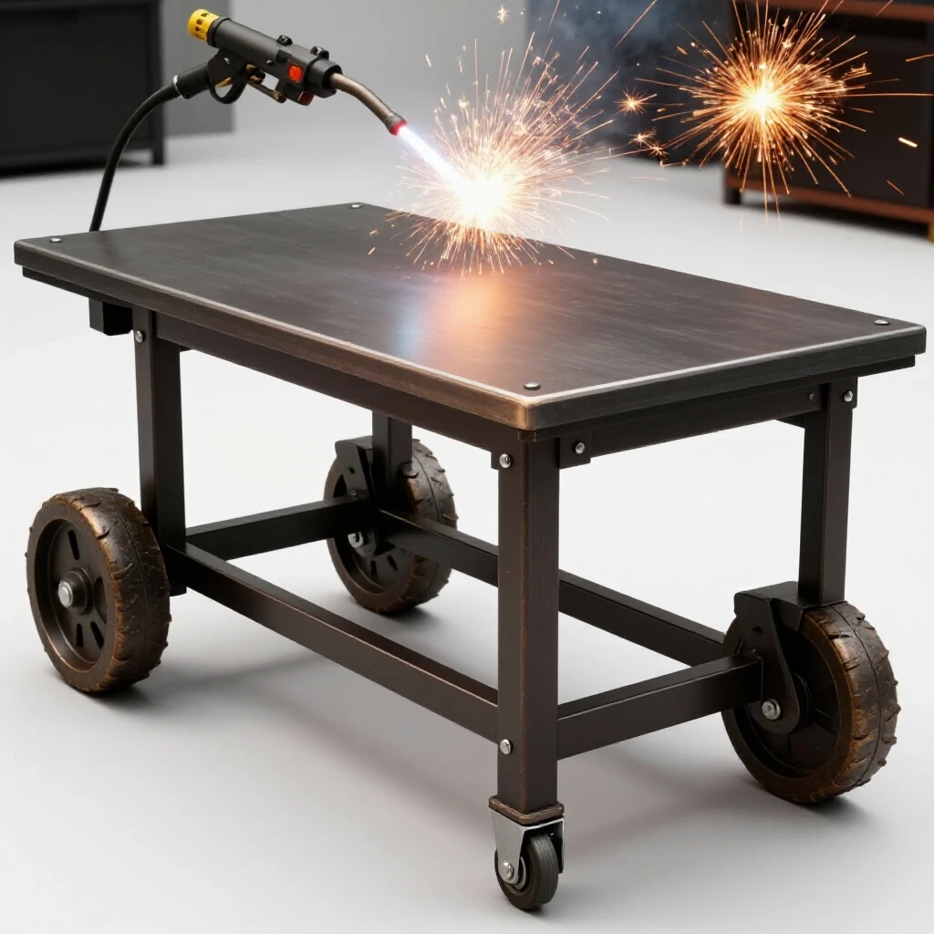 A heavy-duty welding table on rugged casters with sparks flying from a welding torch, showcasing strength.