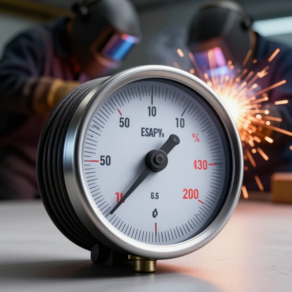 Close-up of a heavy-duty cord gauge with a blurred welder in action, sparks flying in the background.
