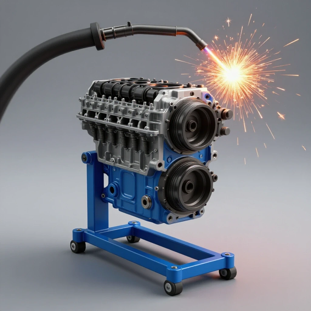 A partially assembled heavy-duty engine stand with sparks from welding in the background, showcasing craftsmanship and design.