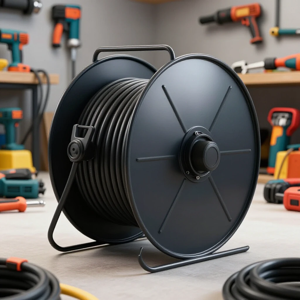 A heavy-duty extension cord reel in a bright workshop, surrounded by tools and tangled cords, showcasing organization benefits.