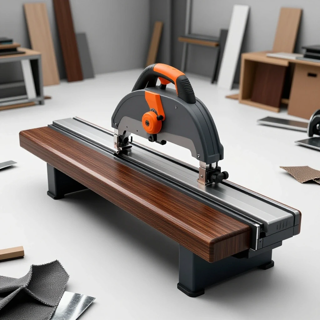 A heavy-duty horizontal bandsaw with contrasting materials like wood, metal, and fabric scraps, against a bright background.