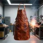 Detailed leather welder's apron with sparks flying in a bright workshop, emphasizing durability and craftsmanship.