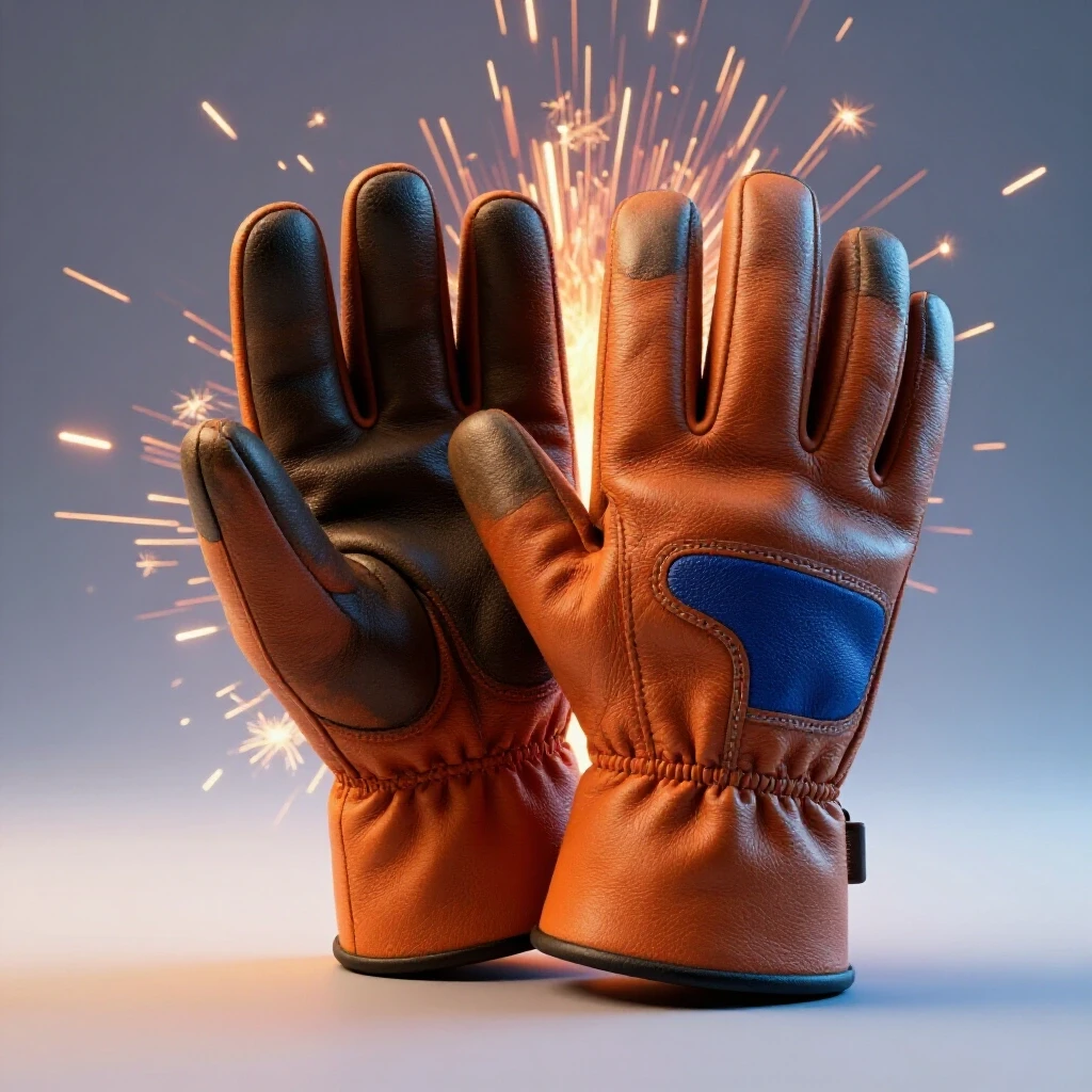 A pair of heavy-duty leather MIG welding gloves with sparks in the background, emphasizing durability and intense use.