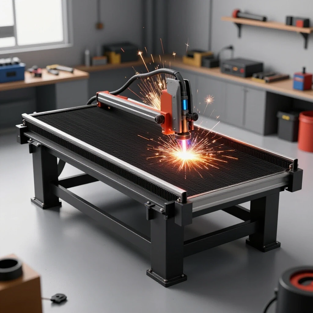 A heavy-duty plasma cutting table surrounded by sparks, illustrating precision and craftsmanship in metalworking.