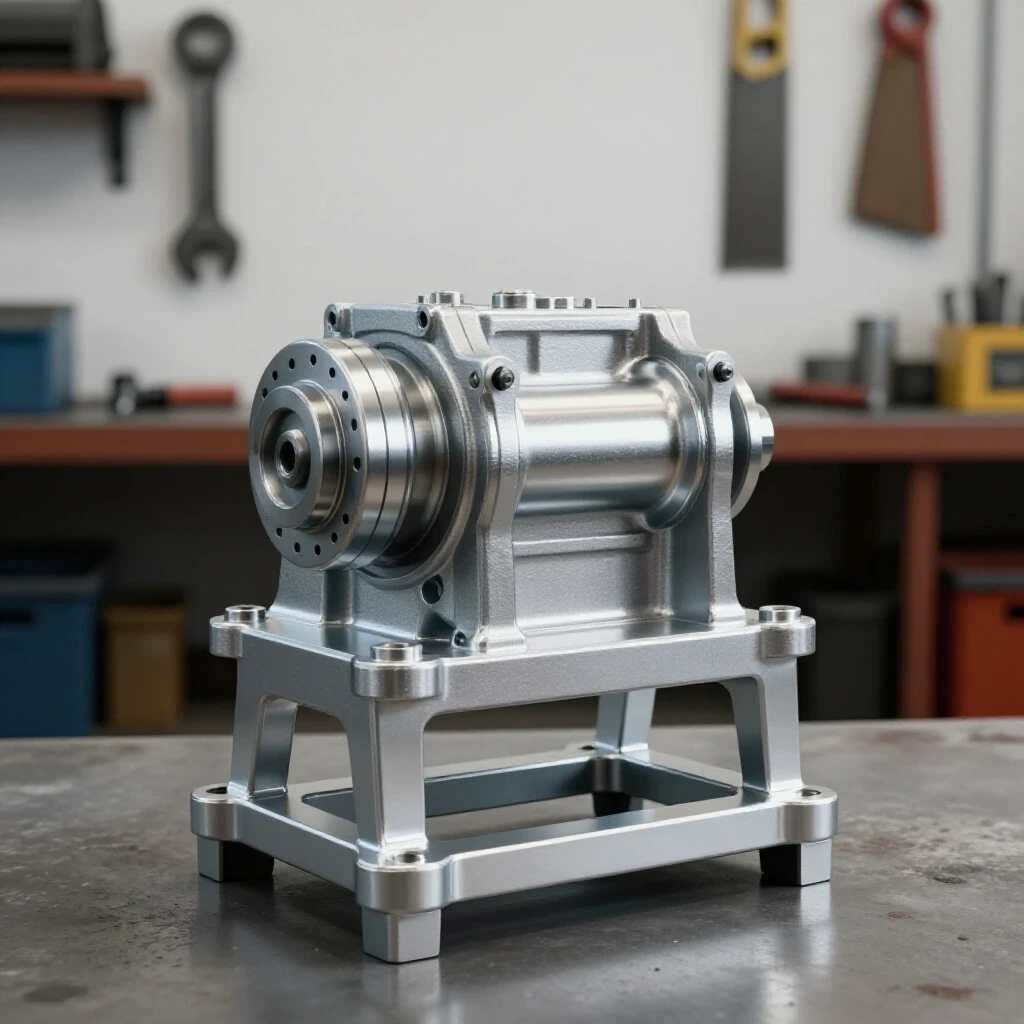 A polished metallic rolling engine stand displayed against a blurred workshop background filled with tools.