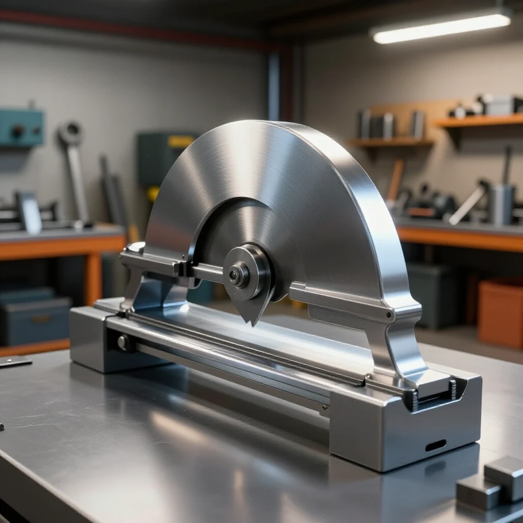 A heavy-duty sheet metal shear with a vibrant workshop background showcasing metalworking tools.