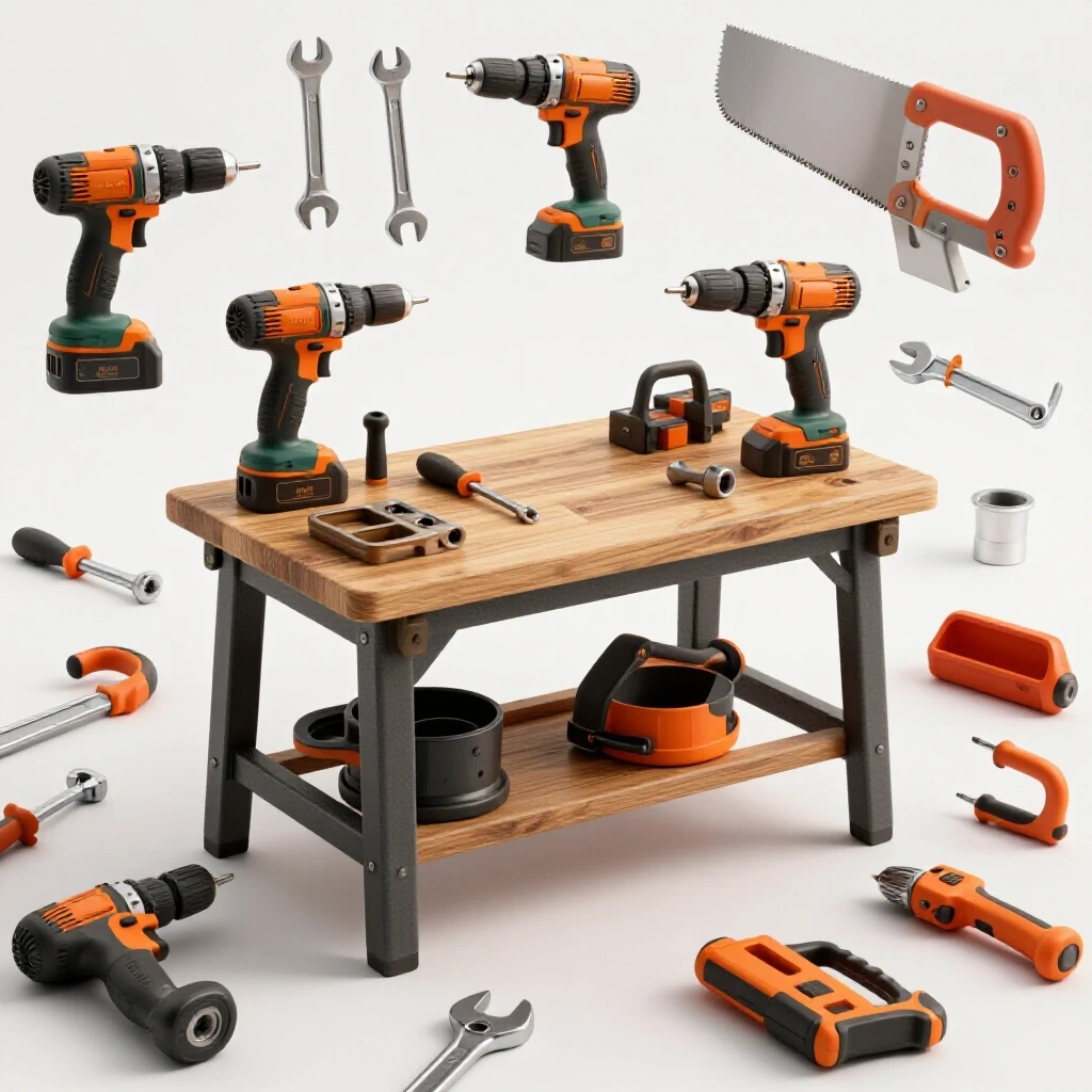 A visually striking assortment of heavy-duty shop tools arranged on a rugged workbench, showcasing their metallic finishes and textures.