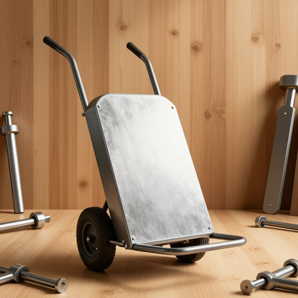 A robust steel hand truck dolly in a brightly lit workshop setting, surrounded by shiny metal tools.