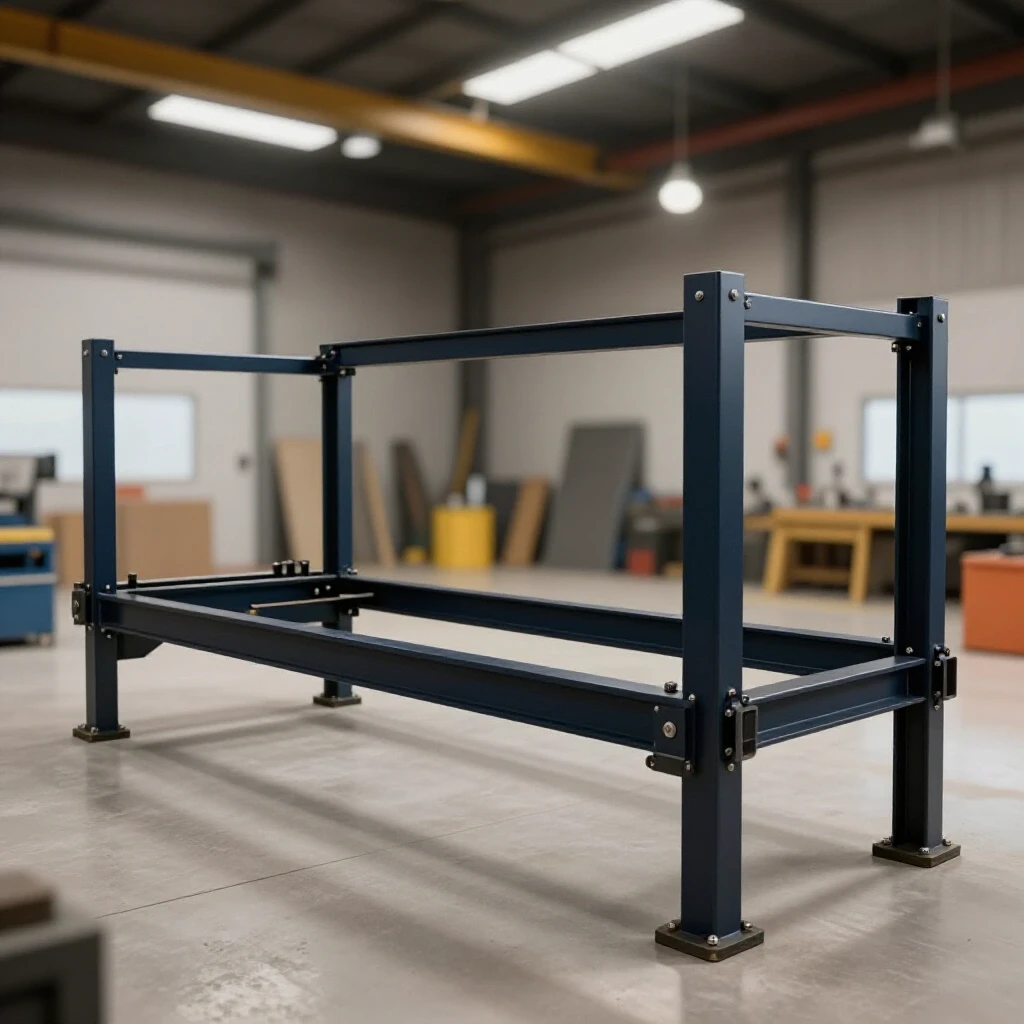 Detailed view of a heavy-duty trailer support frame in a bright workshop setting, showcasing robust steel materials.