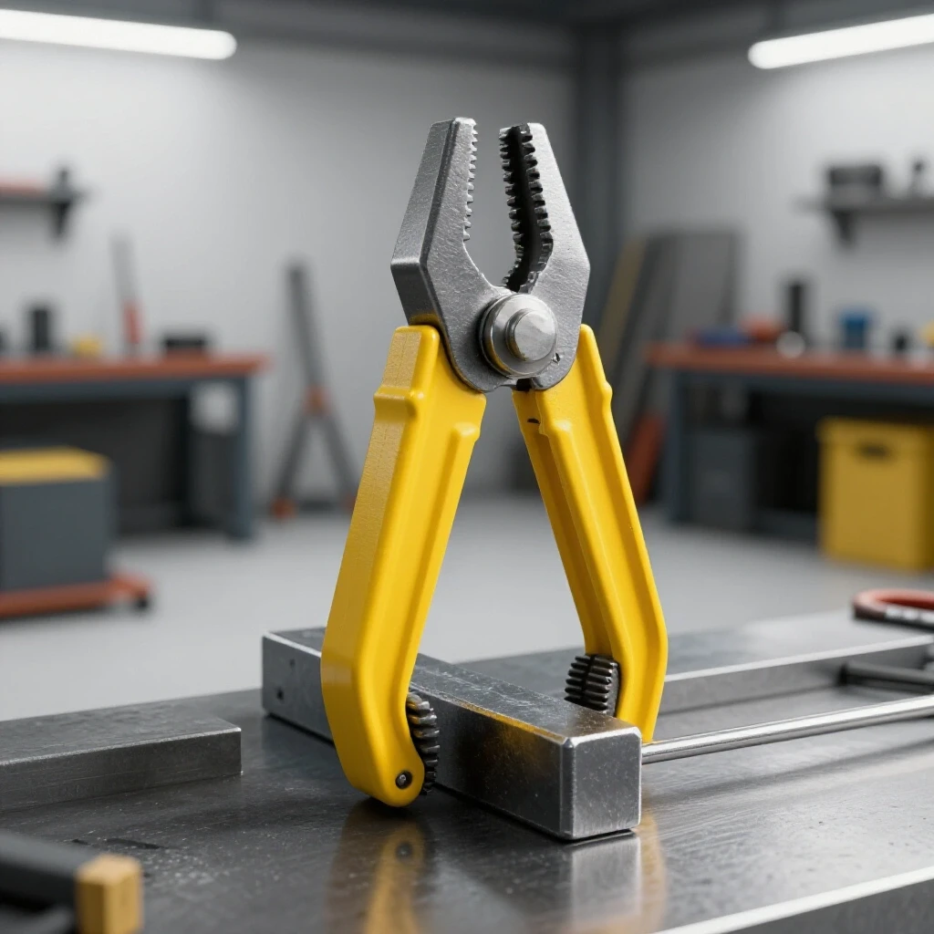 Close-up of heavy-duty welding clamps firmly holding a metal piece, set against a blurred workshop background.
