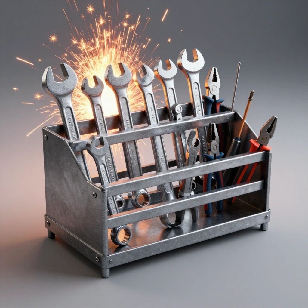 Partially constructed heavy-duty metal wrench organizer with shiny tools and flying sparks, showcasing DIY fabrication.