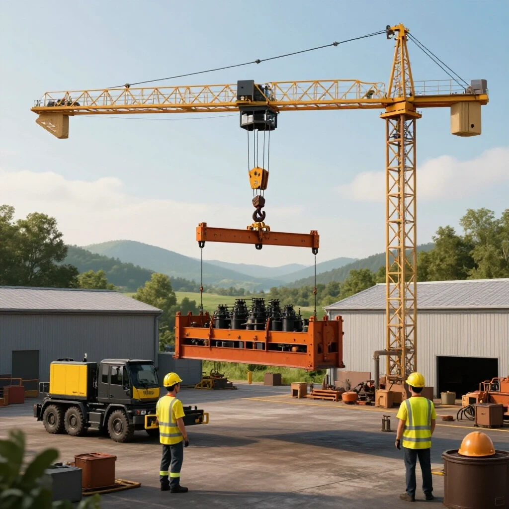A heavy industrial workshop being lifted by a crane against a peaceful landscape, highlighting safety and transition.