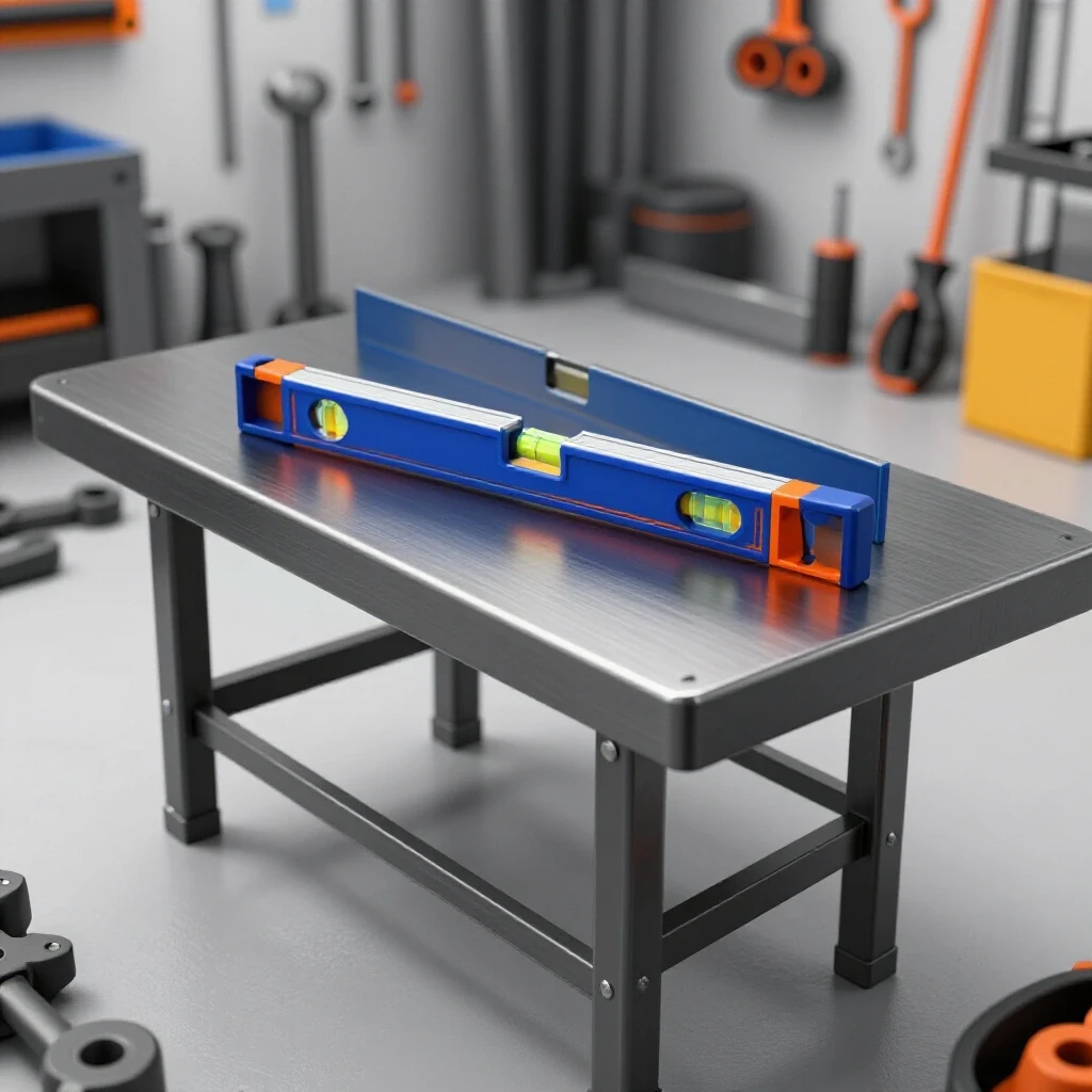 A heavy metal fabrication table with a level and square tool in the foreground, illuminated under bright studio lighting.