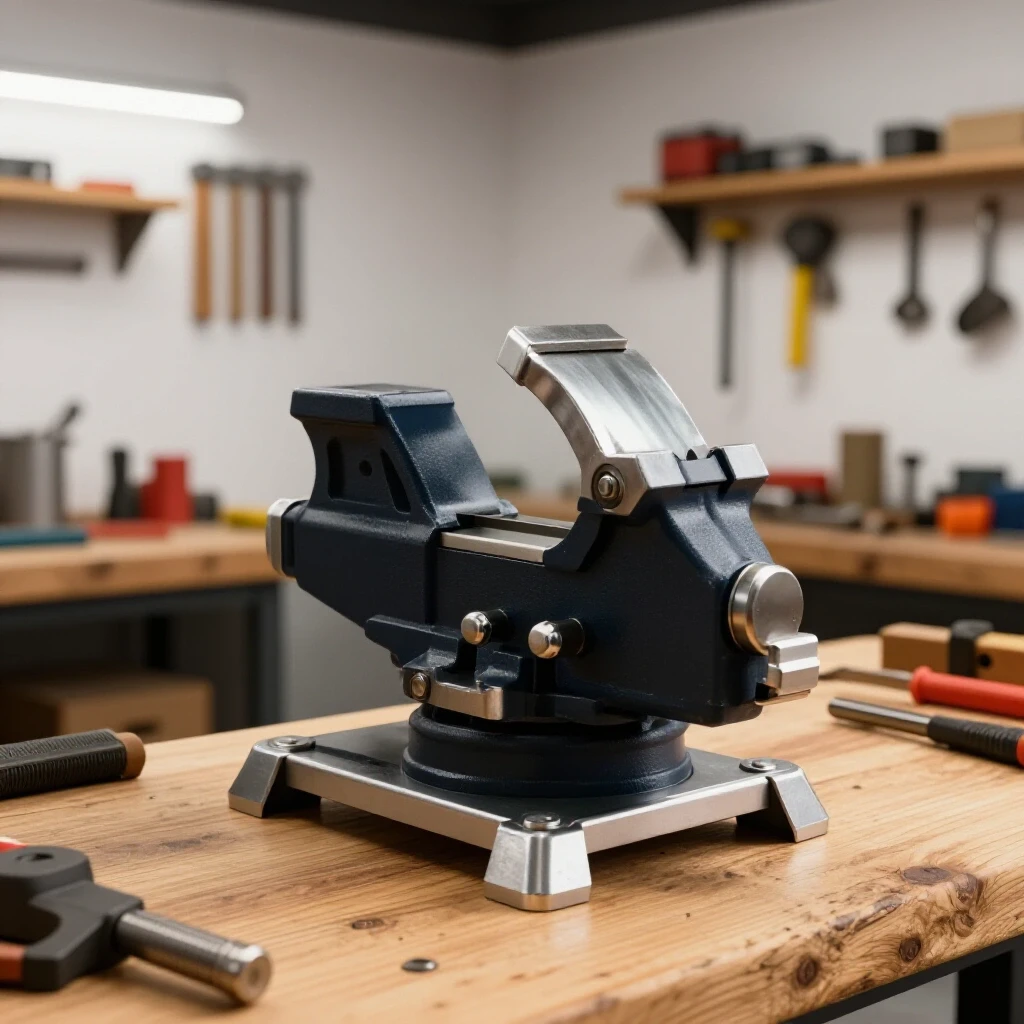 A heavy pedestal stand for a bench vise partially assembled, set in a bright workshop with tools and a wooden workbench.