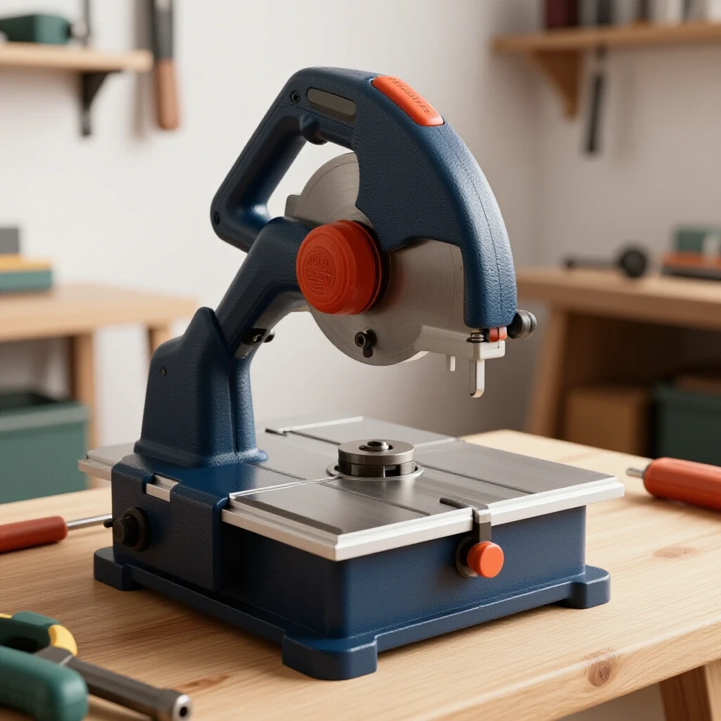 A bright workshop featuring a gleaming band saw at the center, surrounded by faded tools in the background.