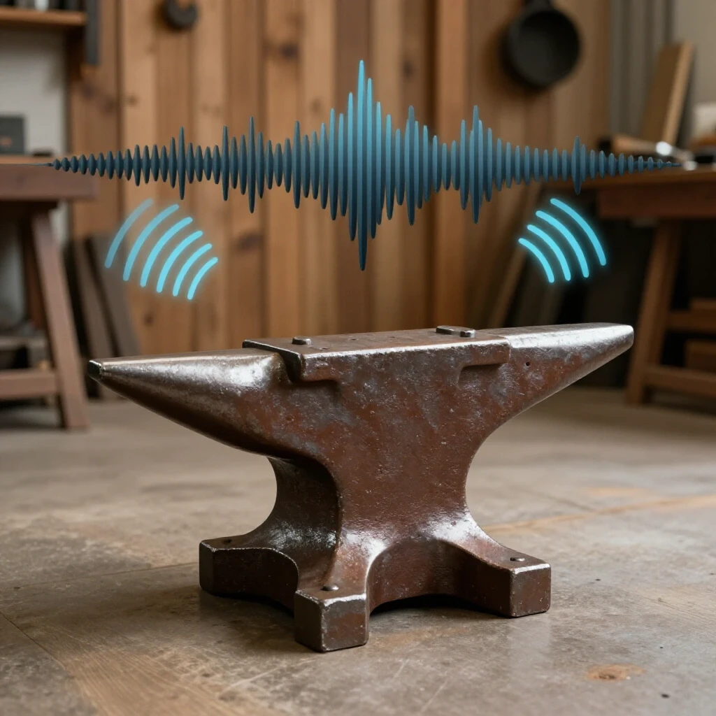 A heavy steel anvil stand surrounded by soundwave graphics in a bright workshop setting.