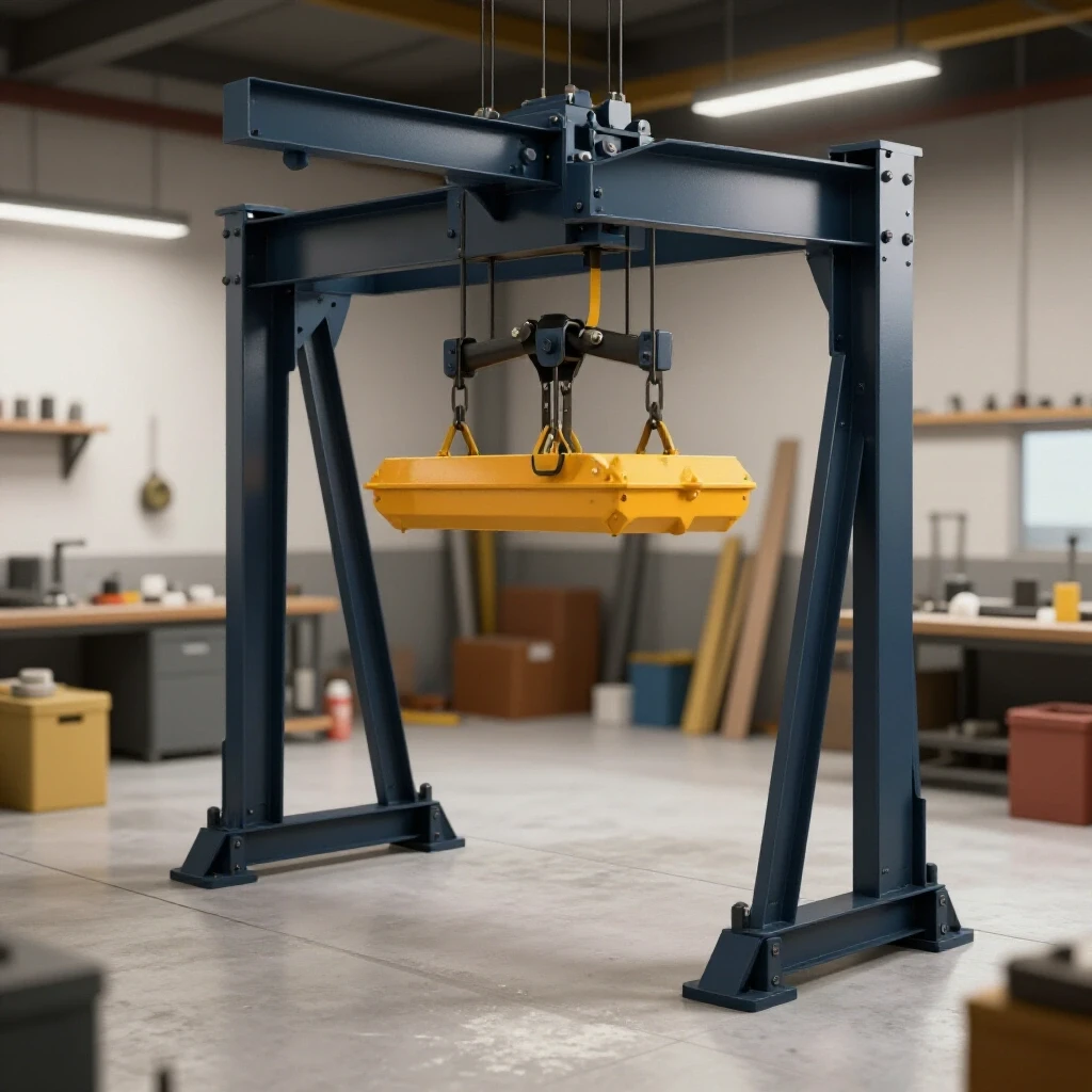Heavy steel lifting device showcased in a small workshop, demonstrating strength and space optimization for small shops.