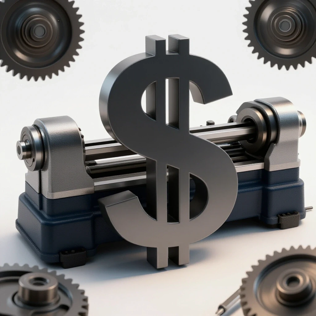 A metal lathe obscured by a large dollar sign, symbolizing hidden maintenance costs, surrounded by tools and gears.