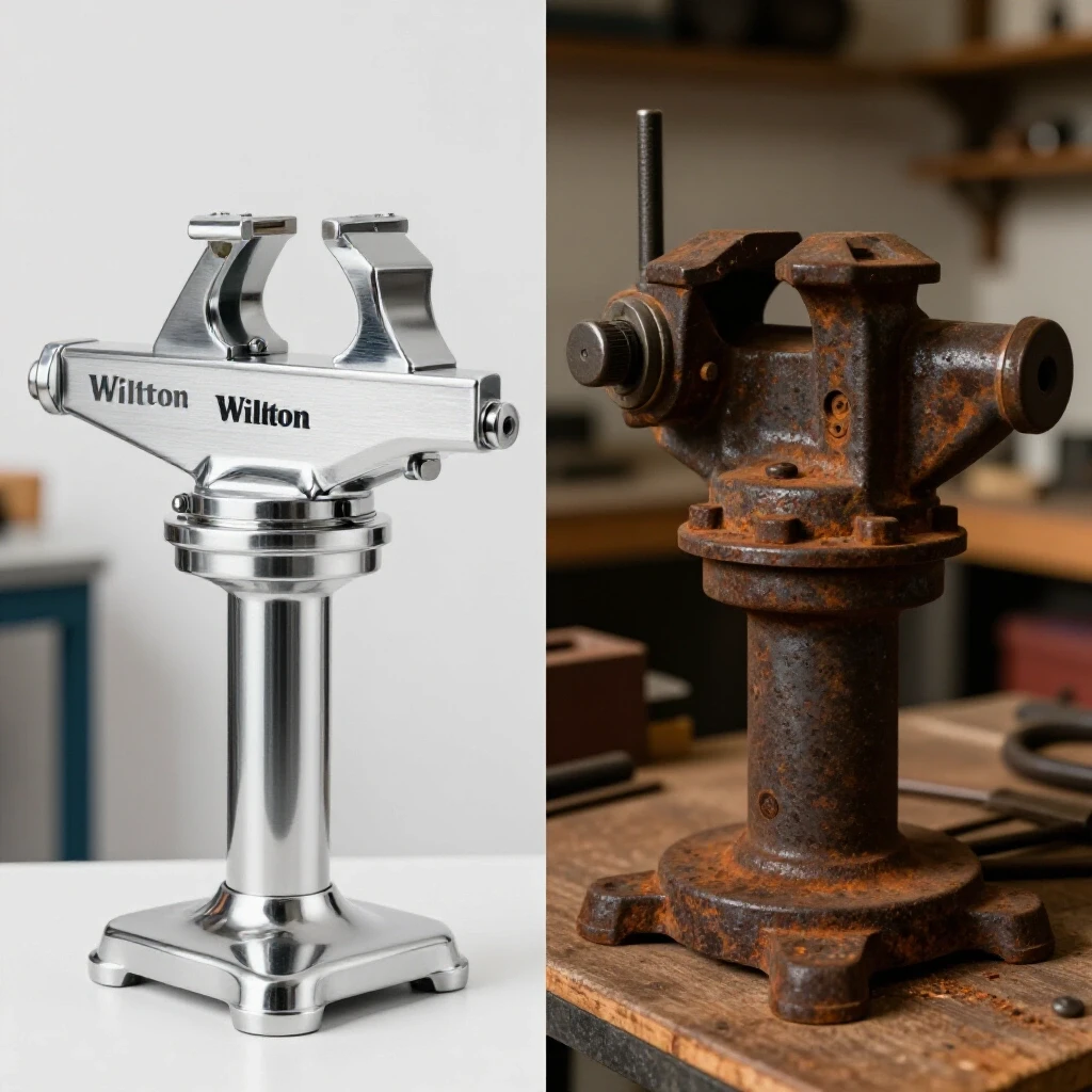 A polished Wilton bench vise contrasted with a rusted vise in a cluttered workshop, emphasizing quality and durability.