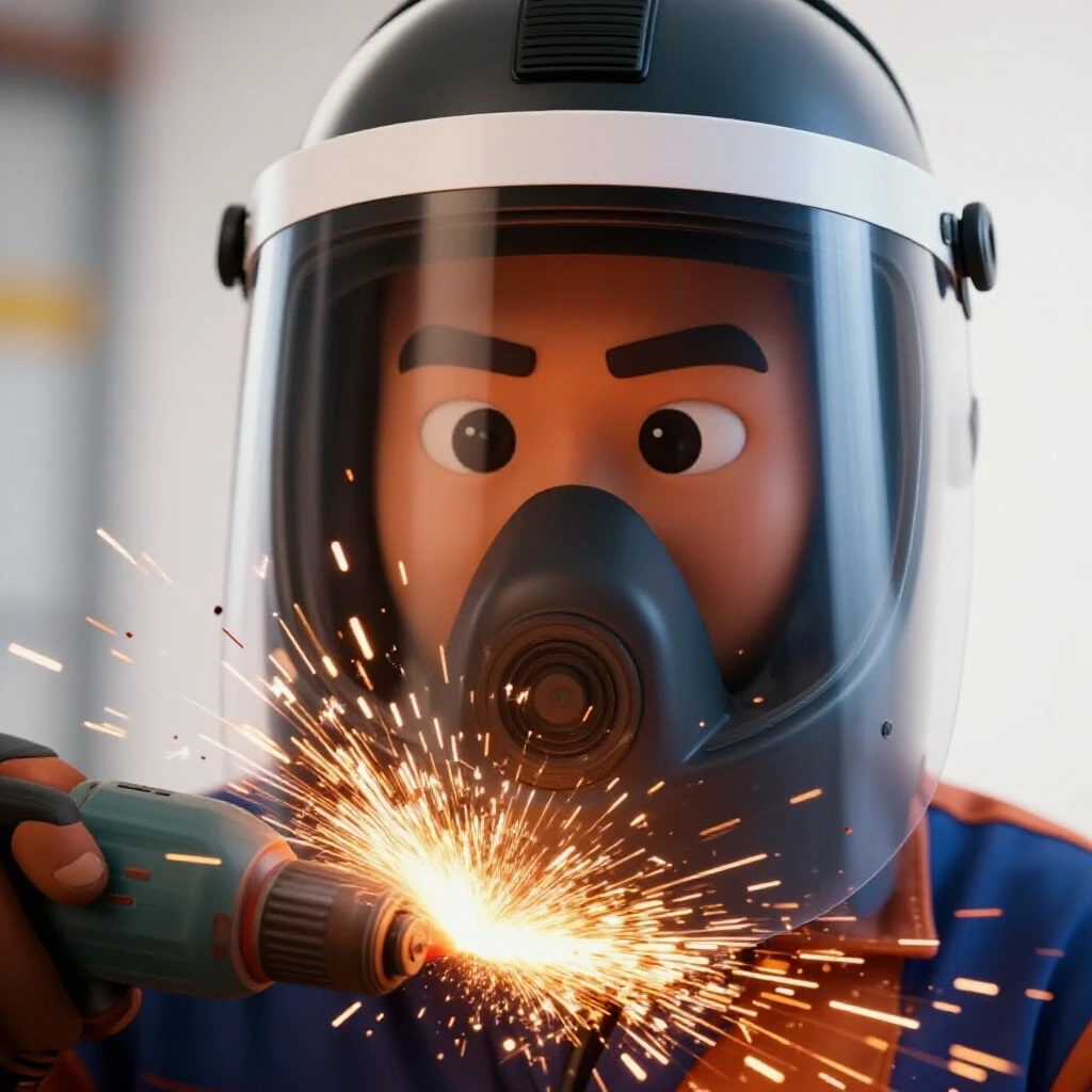 A 3D-rendered high-impact face shield reflecting sparks with a close-up of a focused worker's expression, emphasizing safety.