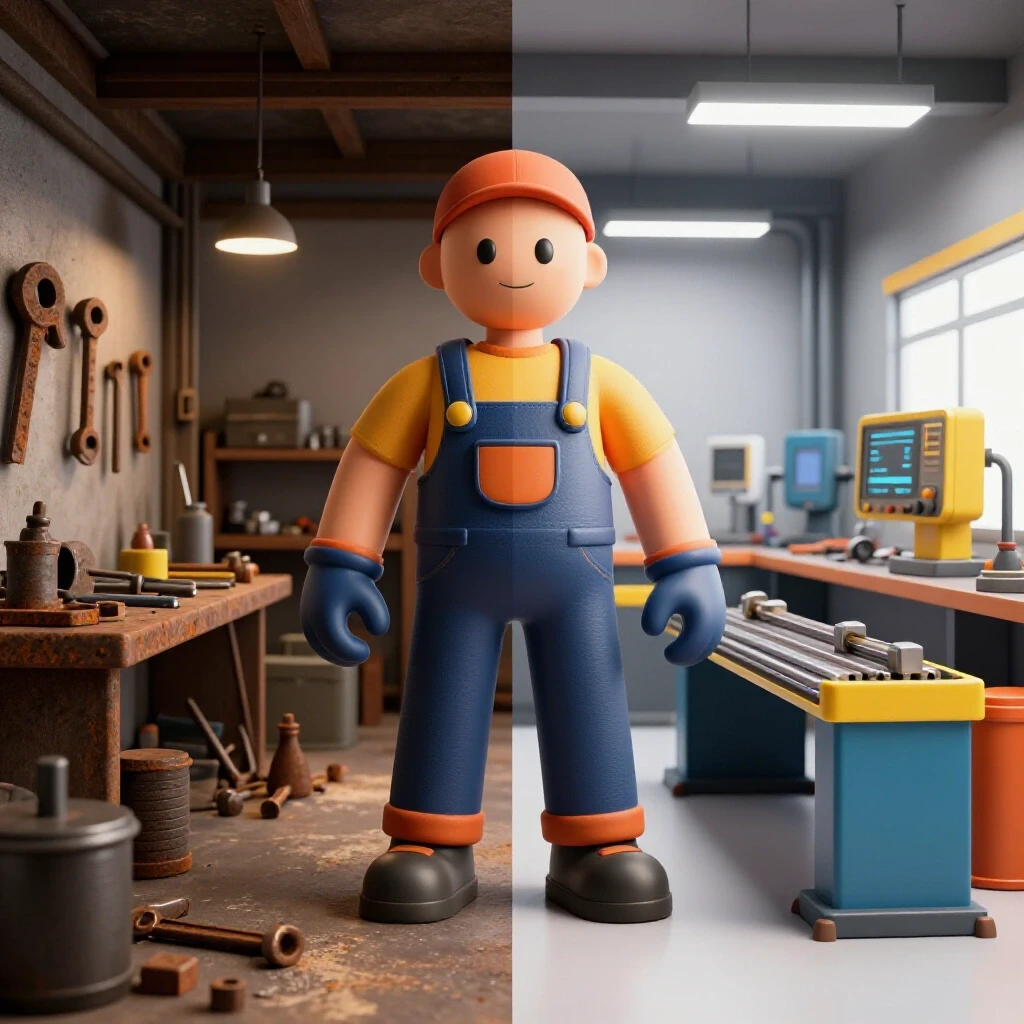 A split-screen comparison of an outdated workshop and a modern fabrication shop showcasing tools and equipment updates.