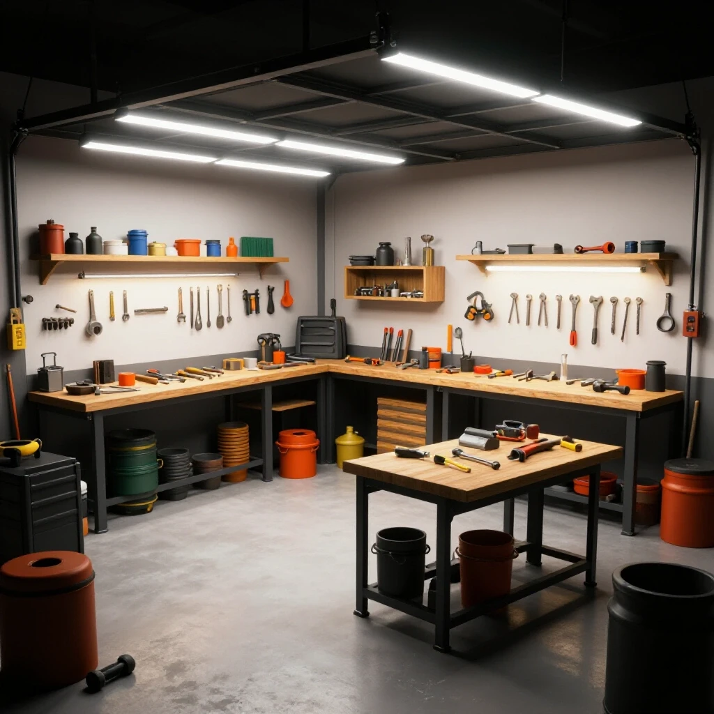 A vibrant garage workshop showcasing bright LED lighting effects, emphasizing tools and workspace clarity.