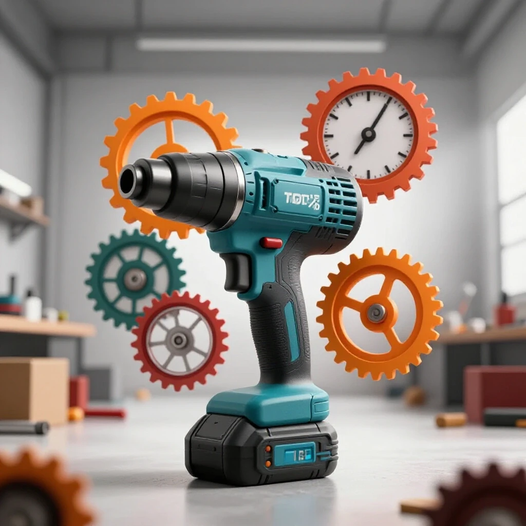 A modern power tool surrounded by dynamic gears and clock elements against a blurred workshop background, illustrating productivity.