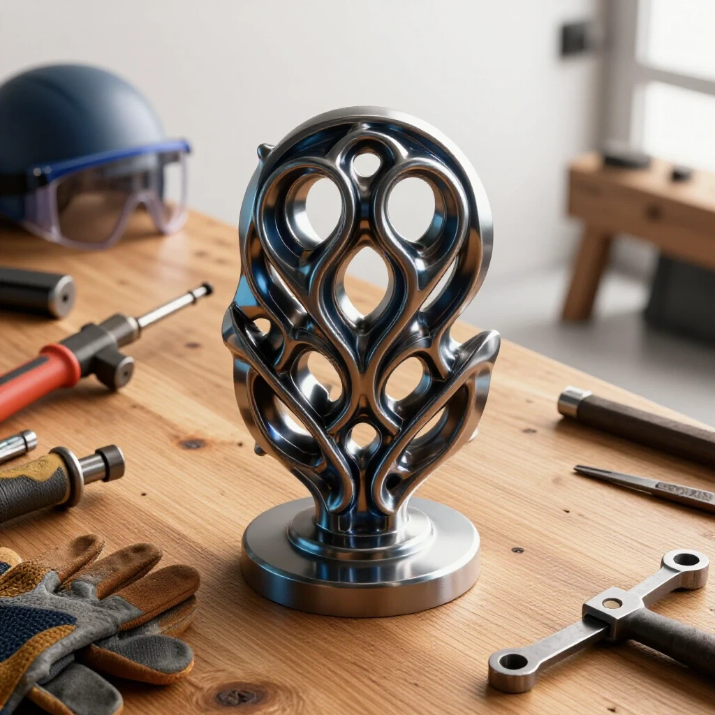Close-up of a polished metal sculpture on a wooden workbench with welding tools, showcasing metalworking craftsmanship.