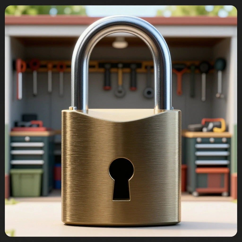 Close-up of a shiny padlock representing security, with a blurred outdoor tool shed background filled with tools.