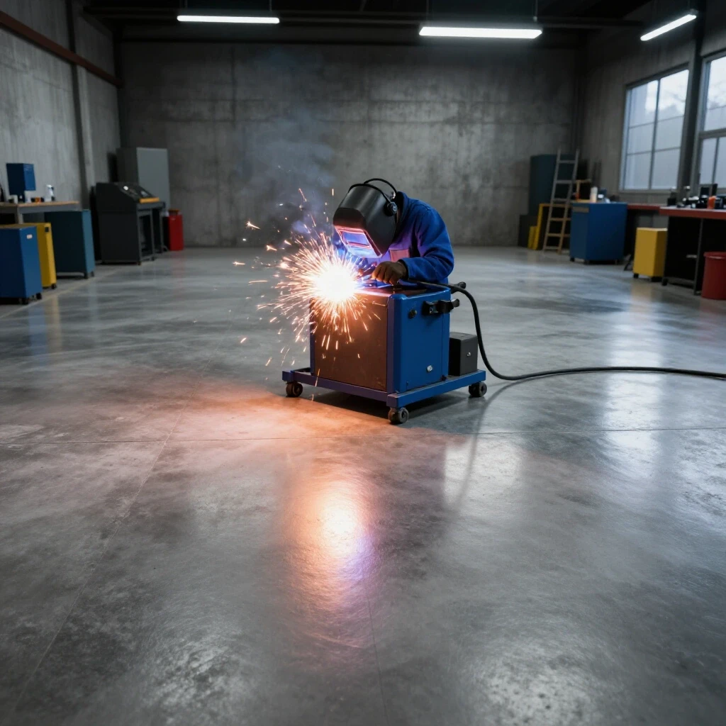 Vibrant glossy concrete floor in a bright welding shop with flying sparks from welding equipment.