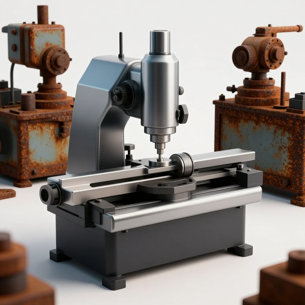 A pristine metalworking machine contrasted against a backdrop of rusted equipment, highlighting high-value finds.