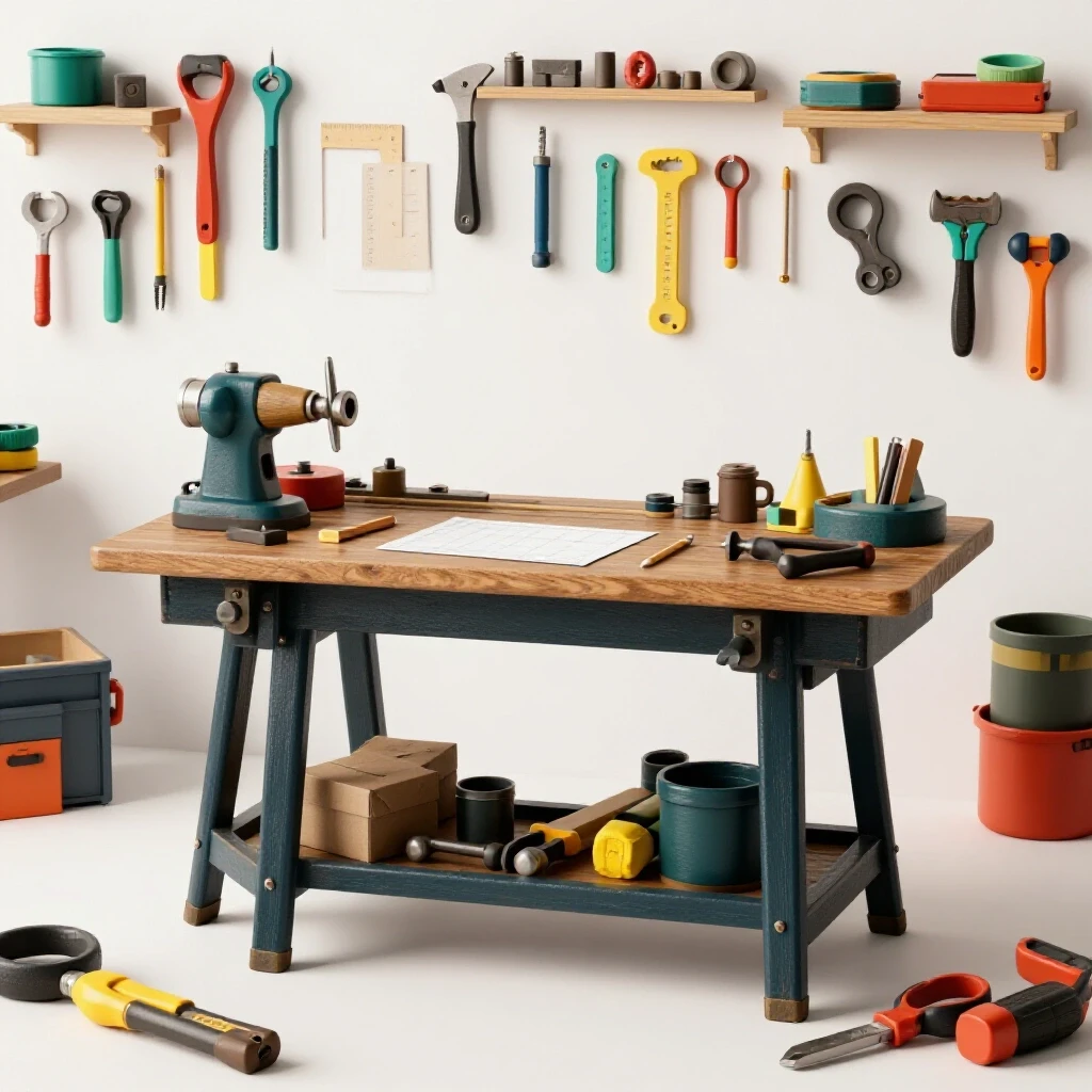 A well-organized home machine shop with a vintage workbench and colorful tools, highlighting creativity in DIY fabrication.