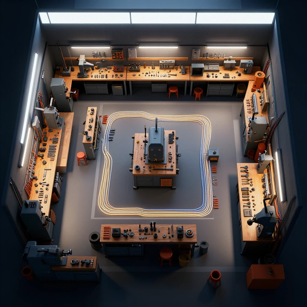 An organized home machine shop viewed from above, featuring energized electrical lines and illuminated work zones.