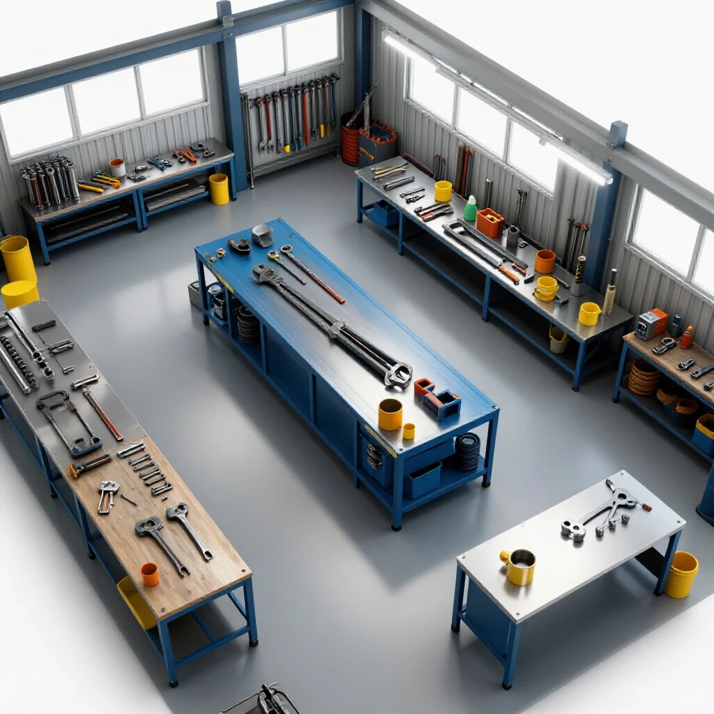 Overhead view of a well-organized home metal fabrication workshop with distinct tool sections and a functional workbench.