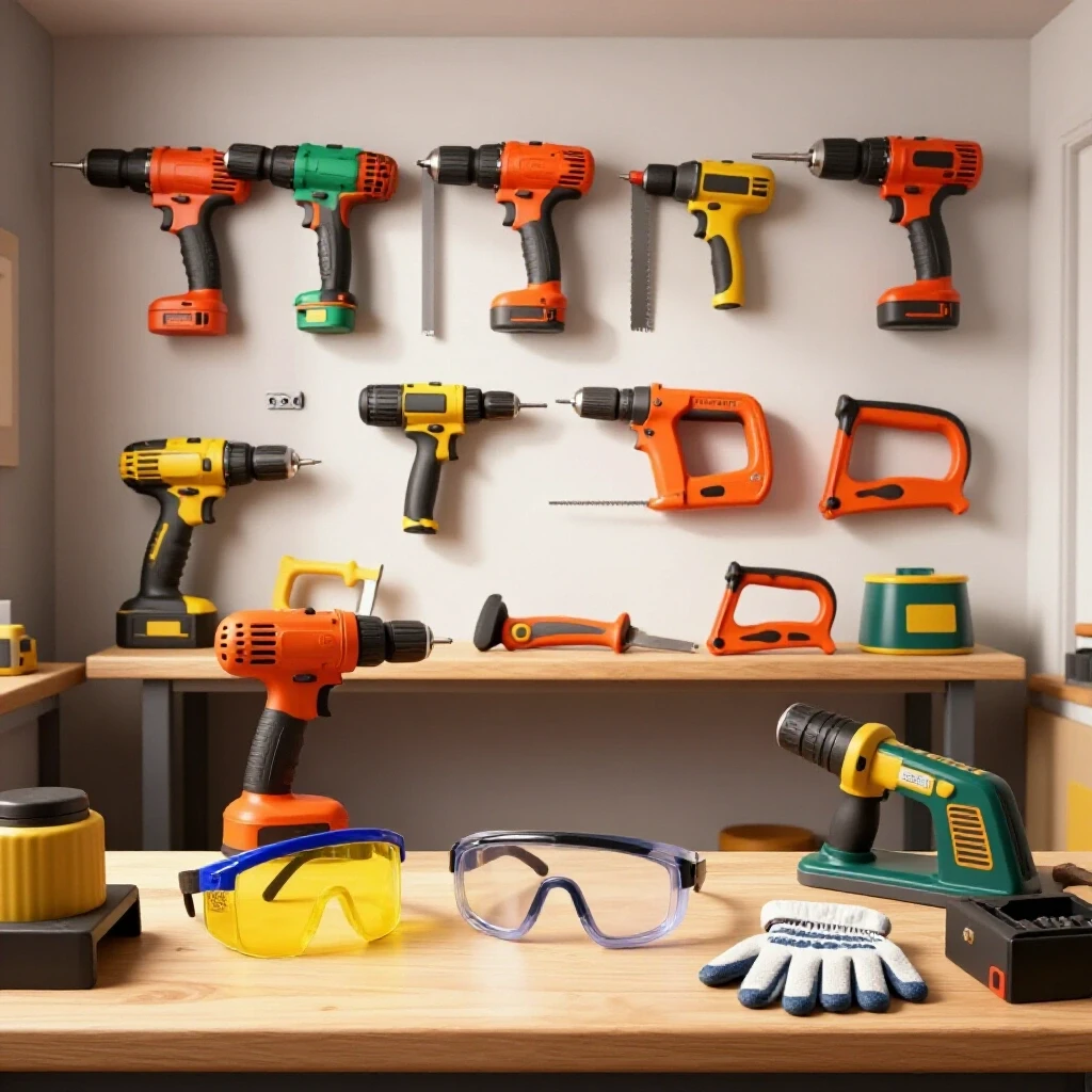 A bright and organized home workshop showcasing essential tools and safety gear, emphasizing safety in metalworking.