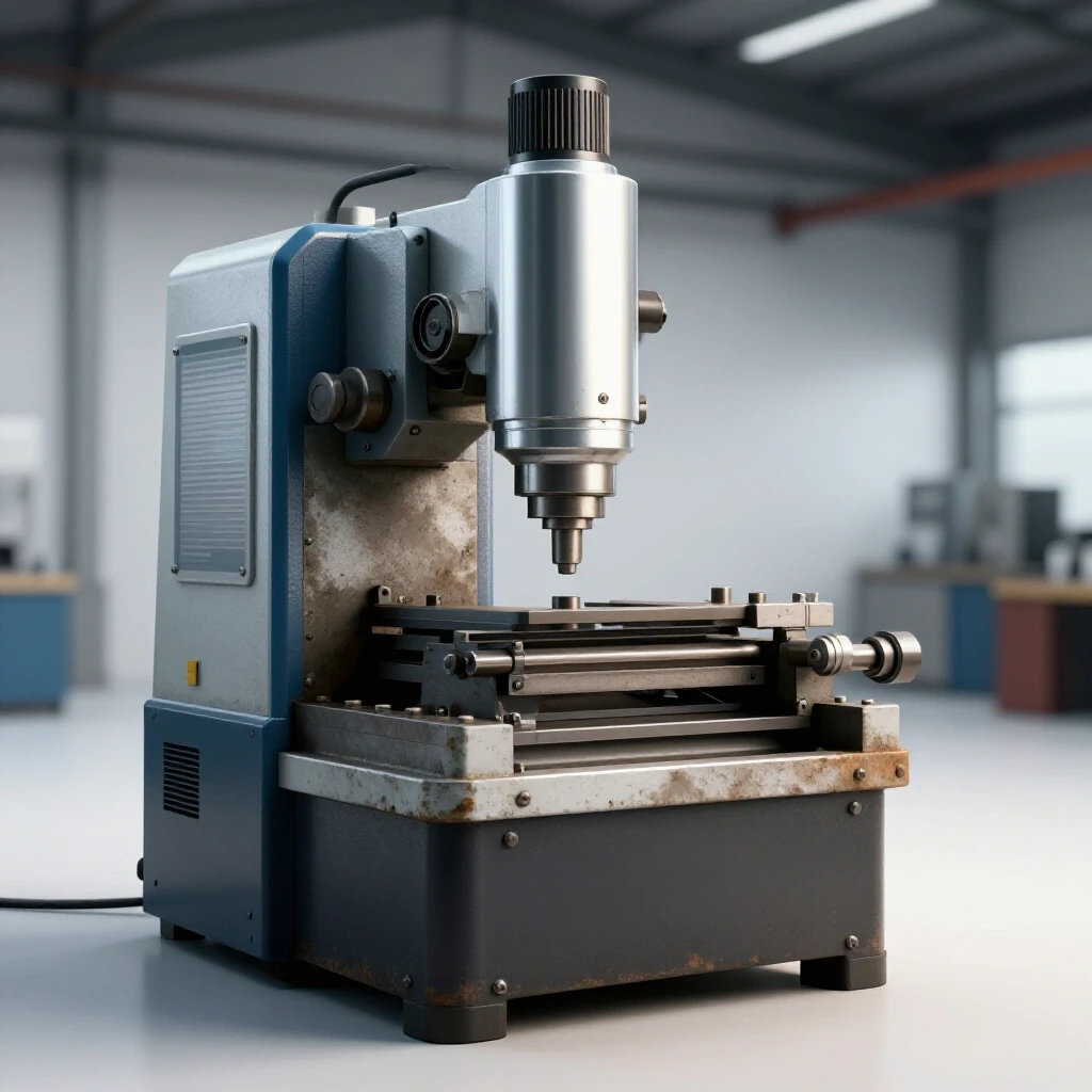 A shiny metalworking machine contrasted with a faded counterpart, showcasing superior performance in a well-lit industrial setting.