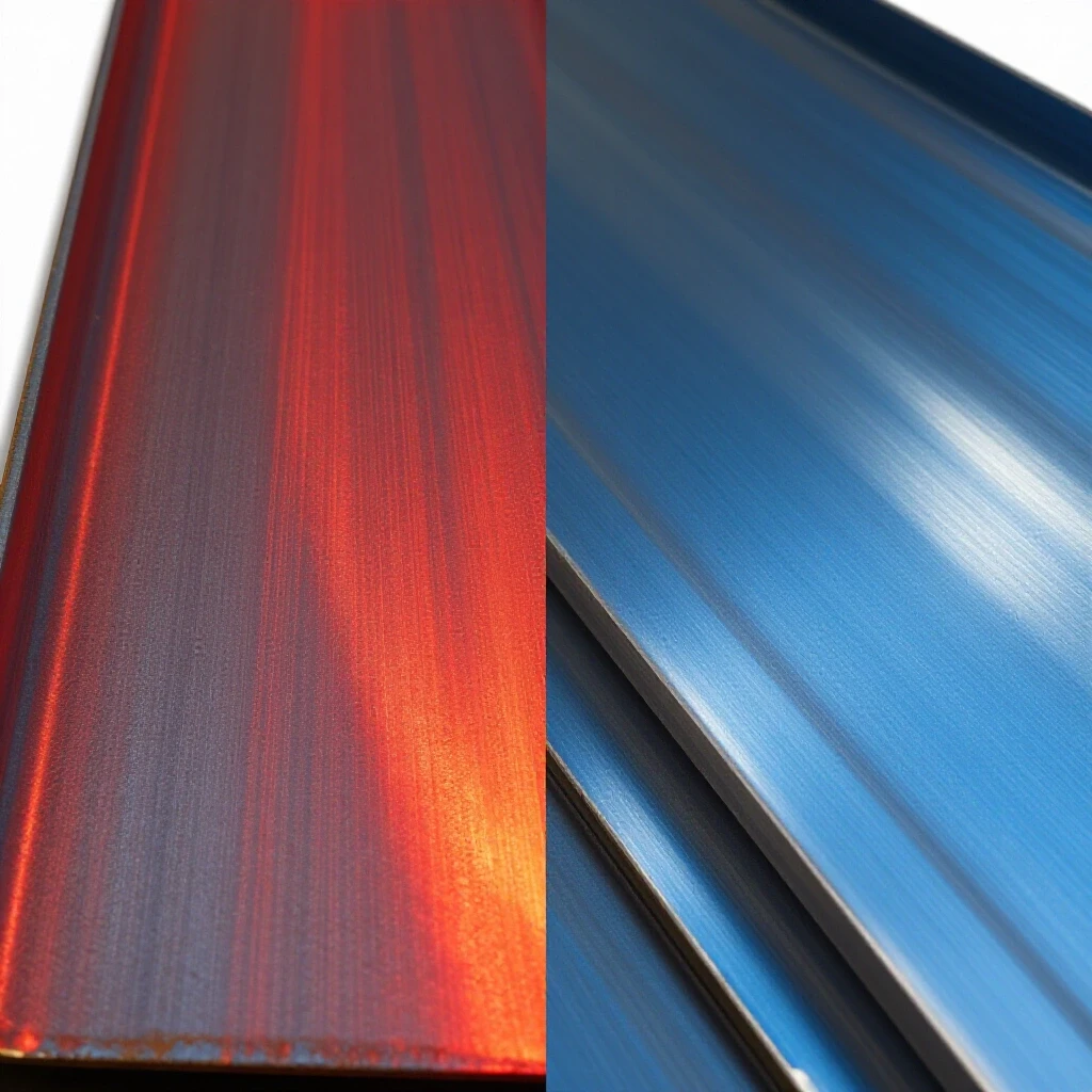A vibrant split image of hot rolled red-hot steel contrasting with cool blue cold rolled steel, showcasing surface textures.