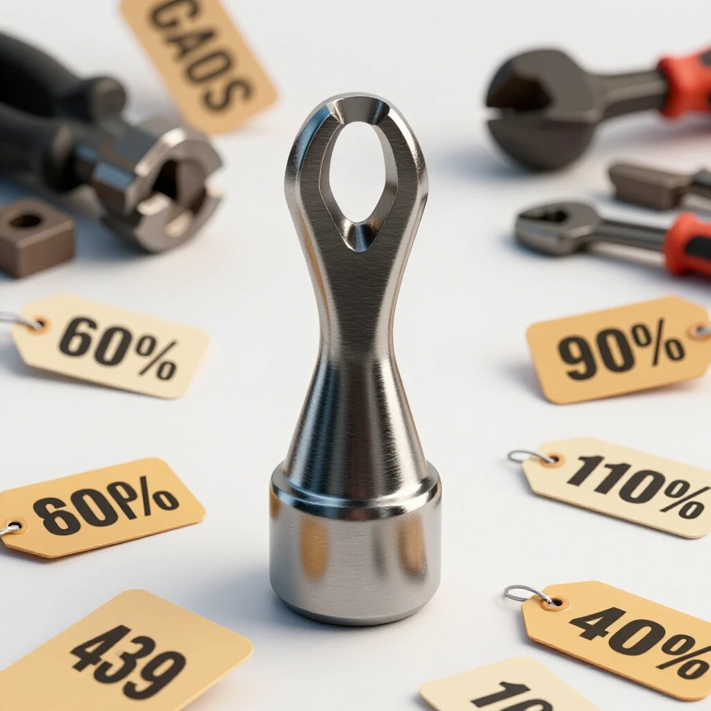 A polished metalworking tool with colorful price tags in a well-organized workshop, contrasting with cluttered equipment in the background.