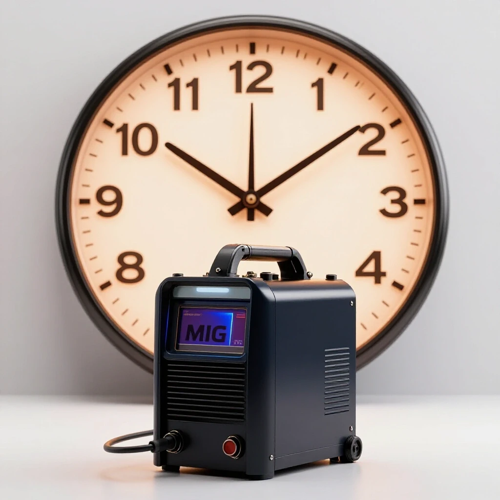 A polished MIG welder centered with a warm-toned clock in the background, symbolizing time and investment.