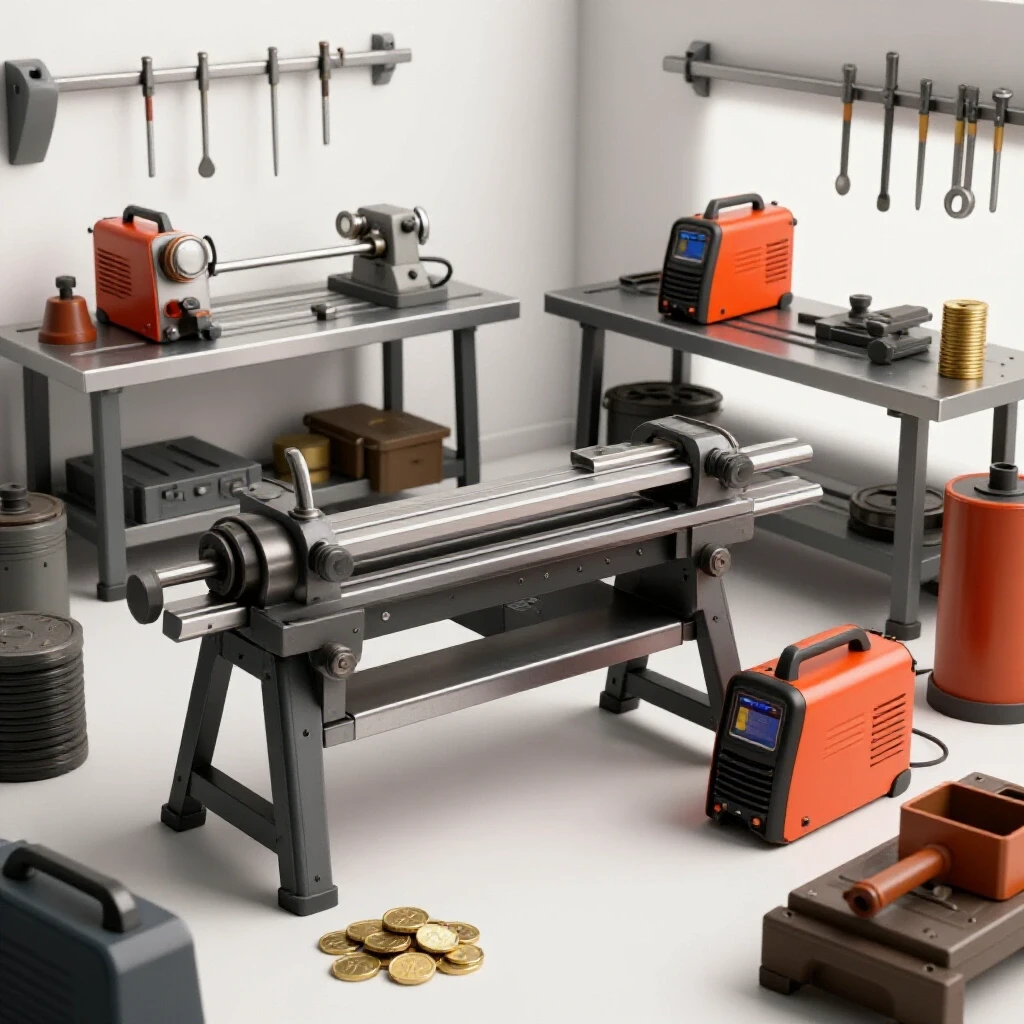 A well-organized metalworking workspace featuring lathes and welders with coins in the foreground.