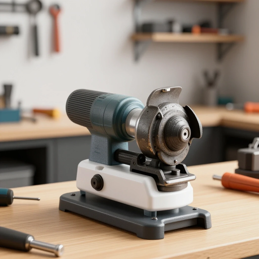 Close-up of a well-worn bench grinder with a pristine tool rest and highlighted adjustment mechanism against a blurred workshop background.