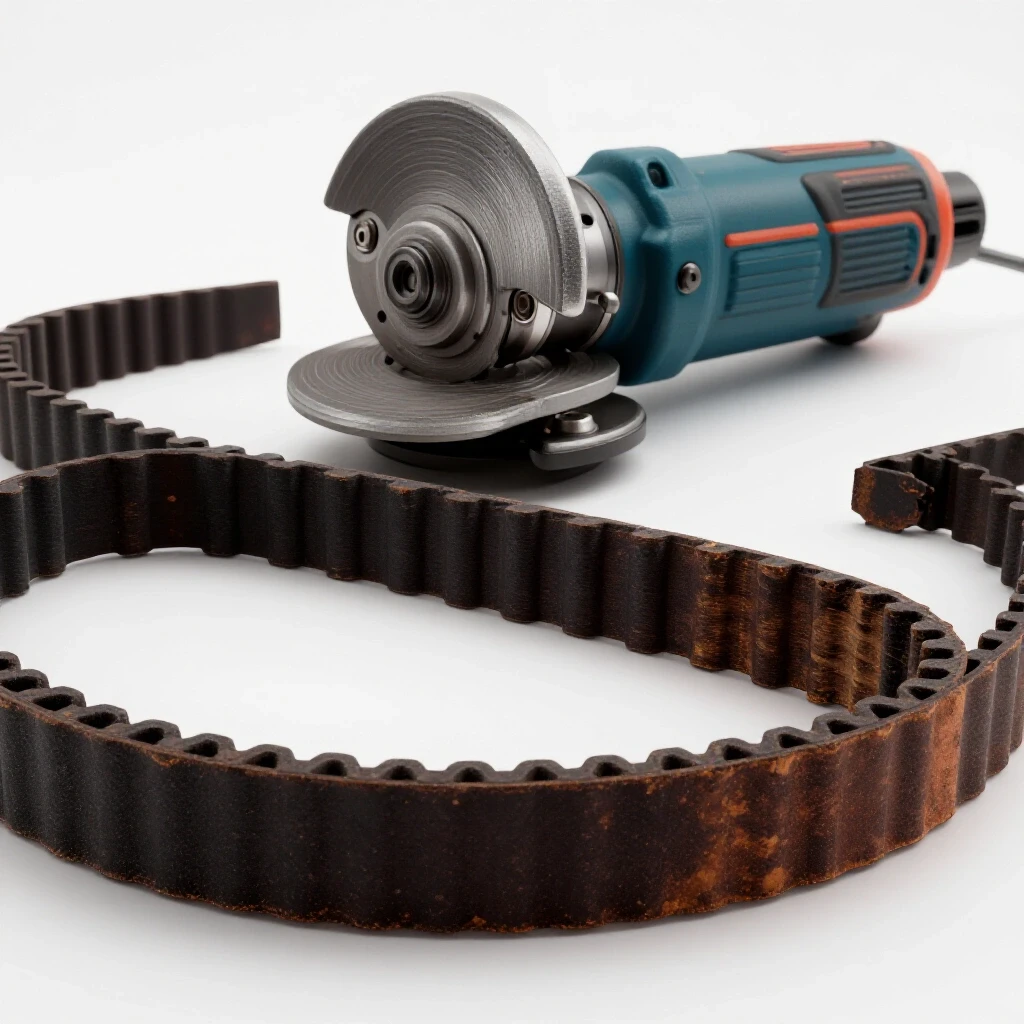 A close-up of a worn drive belt in front of a shiny bench grinder, showcasing wear and the adjustment process.