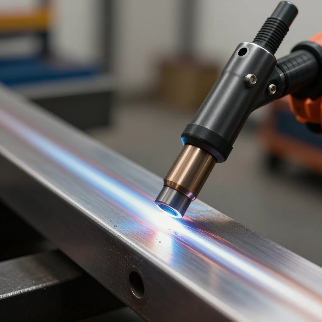 Close-up of a TIG torch angled towards a metal workpiece, highlighting a smooth weld and porosity contrast.