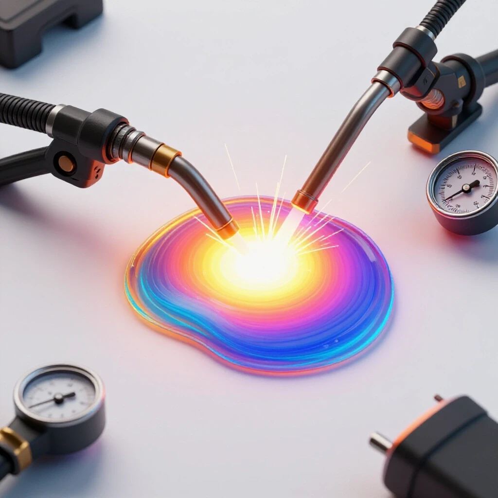 Vibrant welding puddle with tools including a welding torch and temperature gauge, highlighting heat adjustment techniques.
