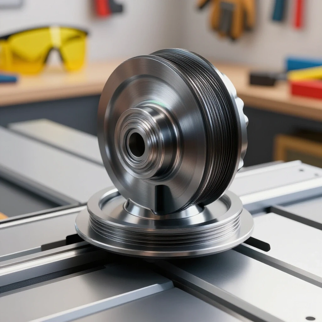Close-up of a shiny metal pulley being adjusted on a table saw in a well-lit workshop setting, emphasizing safety gear.