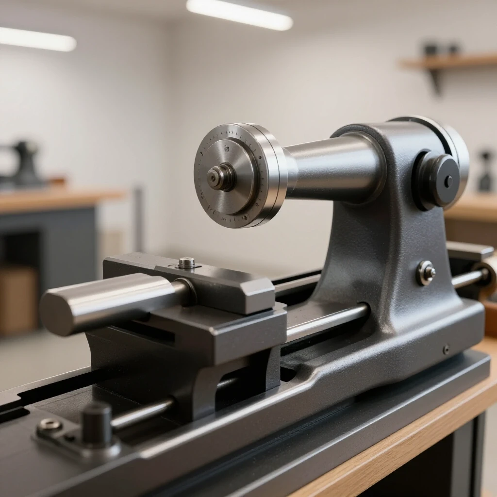 A vintage metal lathe with a tailstock prominently displayed in a well-lit workshop environment, showcasing DIY craftsmanship.