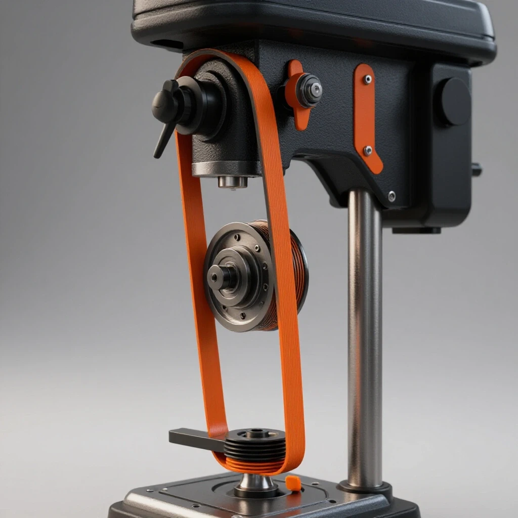 Close-up of a drill press showcasing the vibrant motor pulley and V-belts, emphasizing precision and alignment.