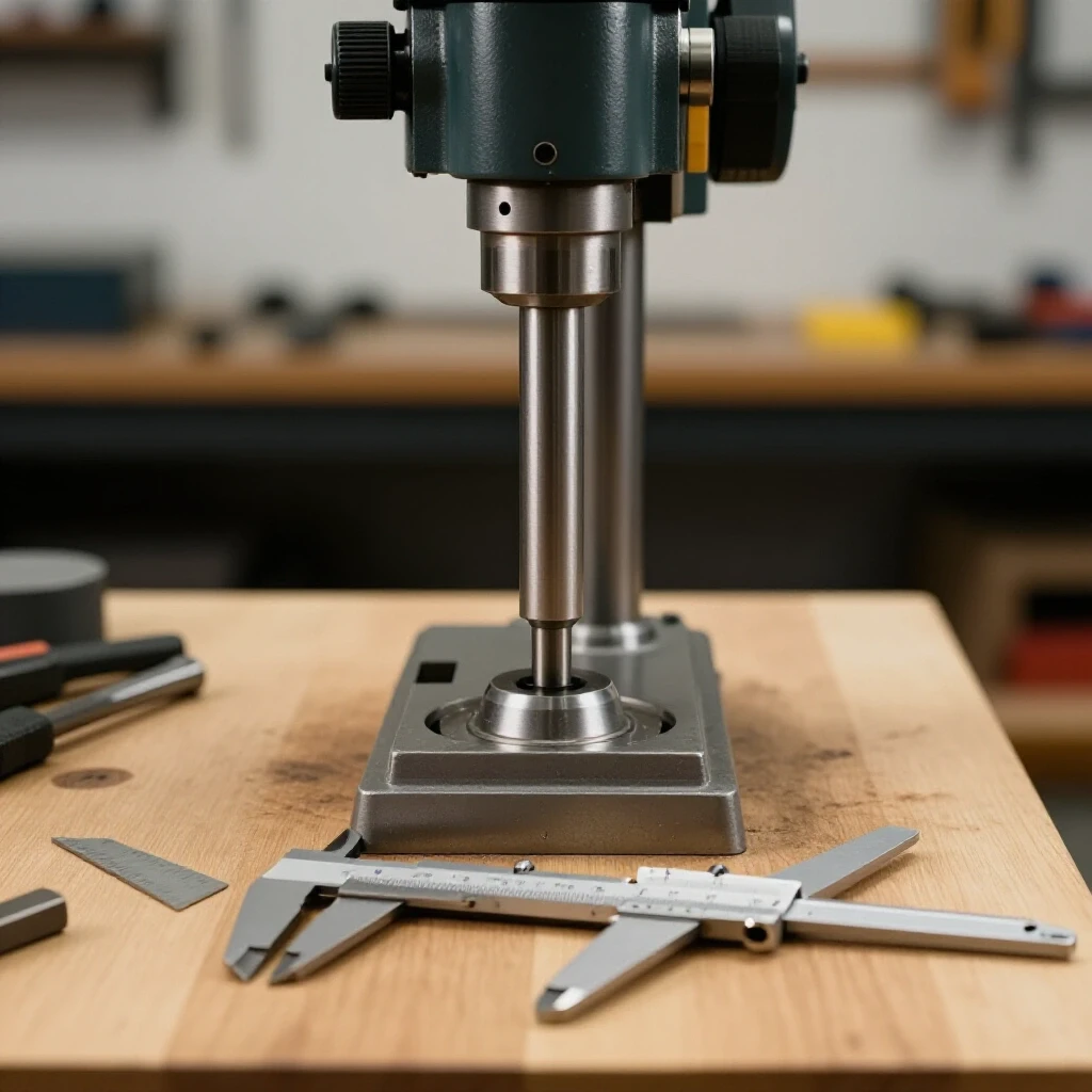Close-up of a drill press table with alignment tools like a square and calipers, highlighting precision in a workshop.
