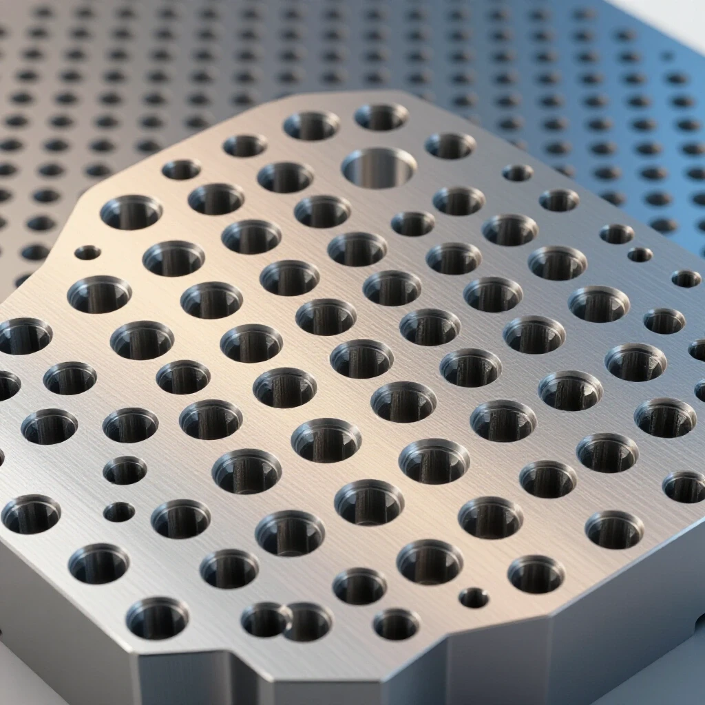 Close-up of a steel part showcasing aligned drilled holes contrasted with blurred misaligned holes, emphasizing precision.